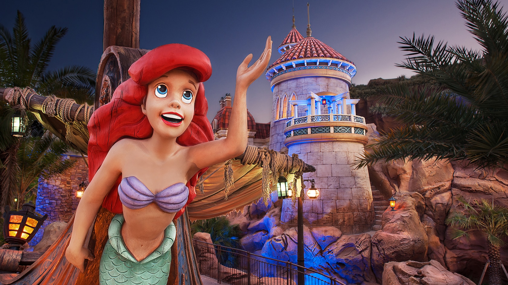 An Ariel figurehead on the front of a ship at Under the Sea at Magic Kingdom
