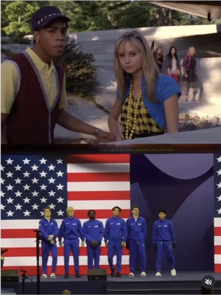 A Camp Rock scene above the U.S. men’s gymnastics team recreating the march in an official split-screen video