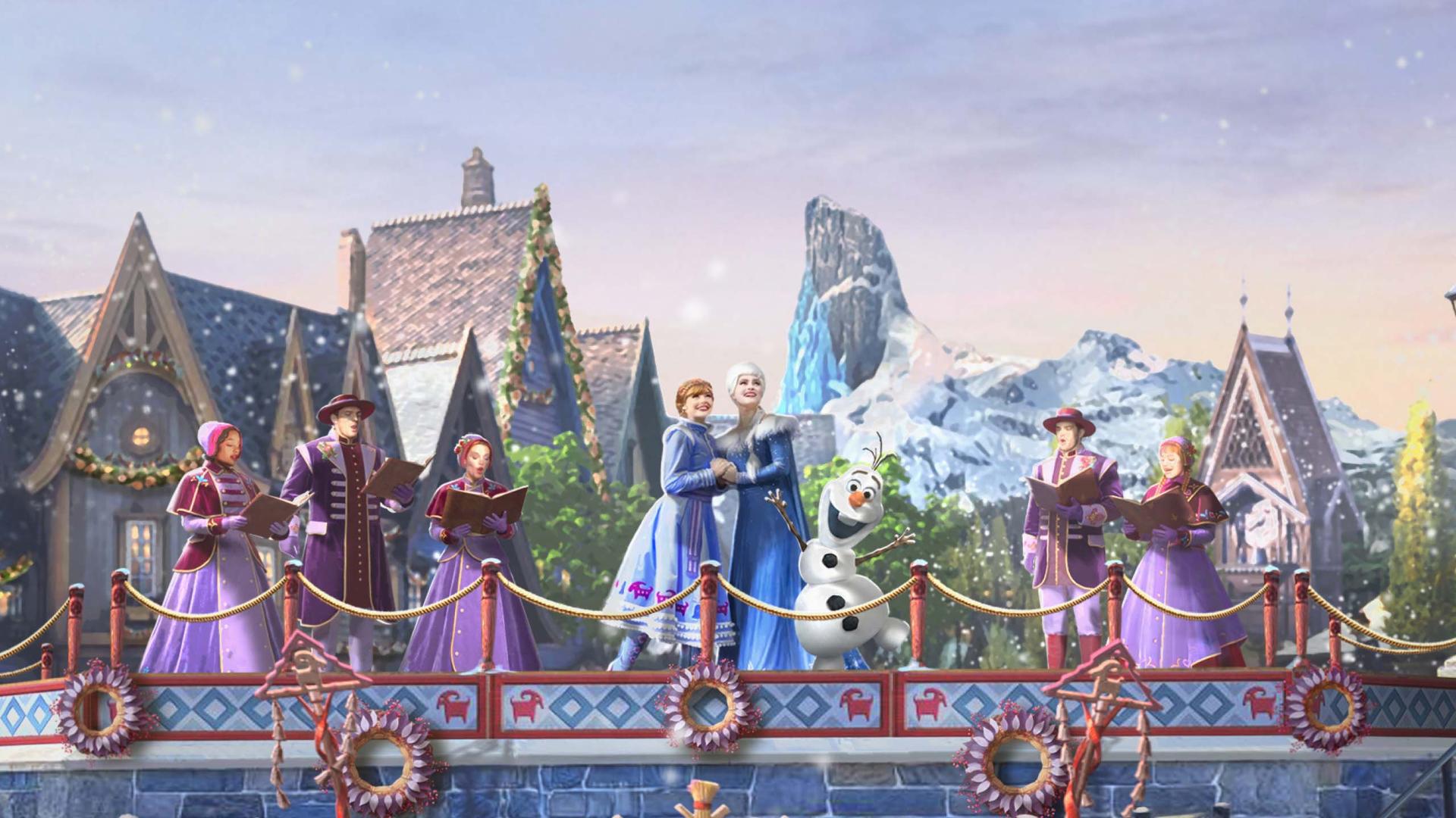 Official concept art of The Arendelle Carollers performing with Anna, Elsa and Olaf in World of Frozen