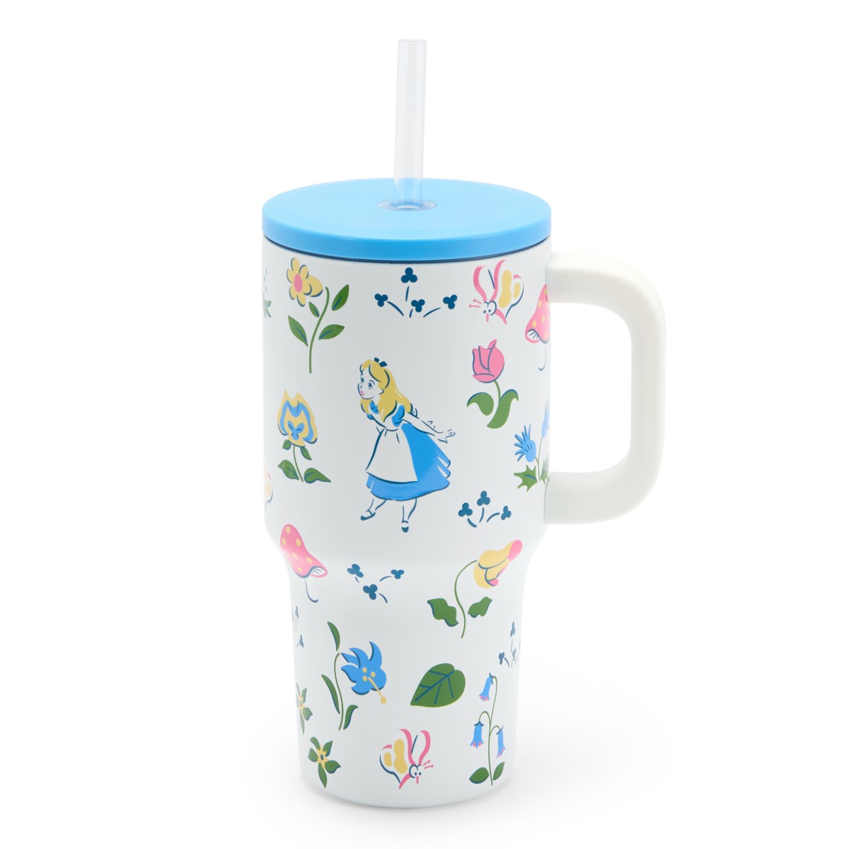 Blue Alice in Wonderland stainless steel tumbler with handle and straw