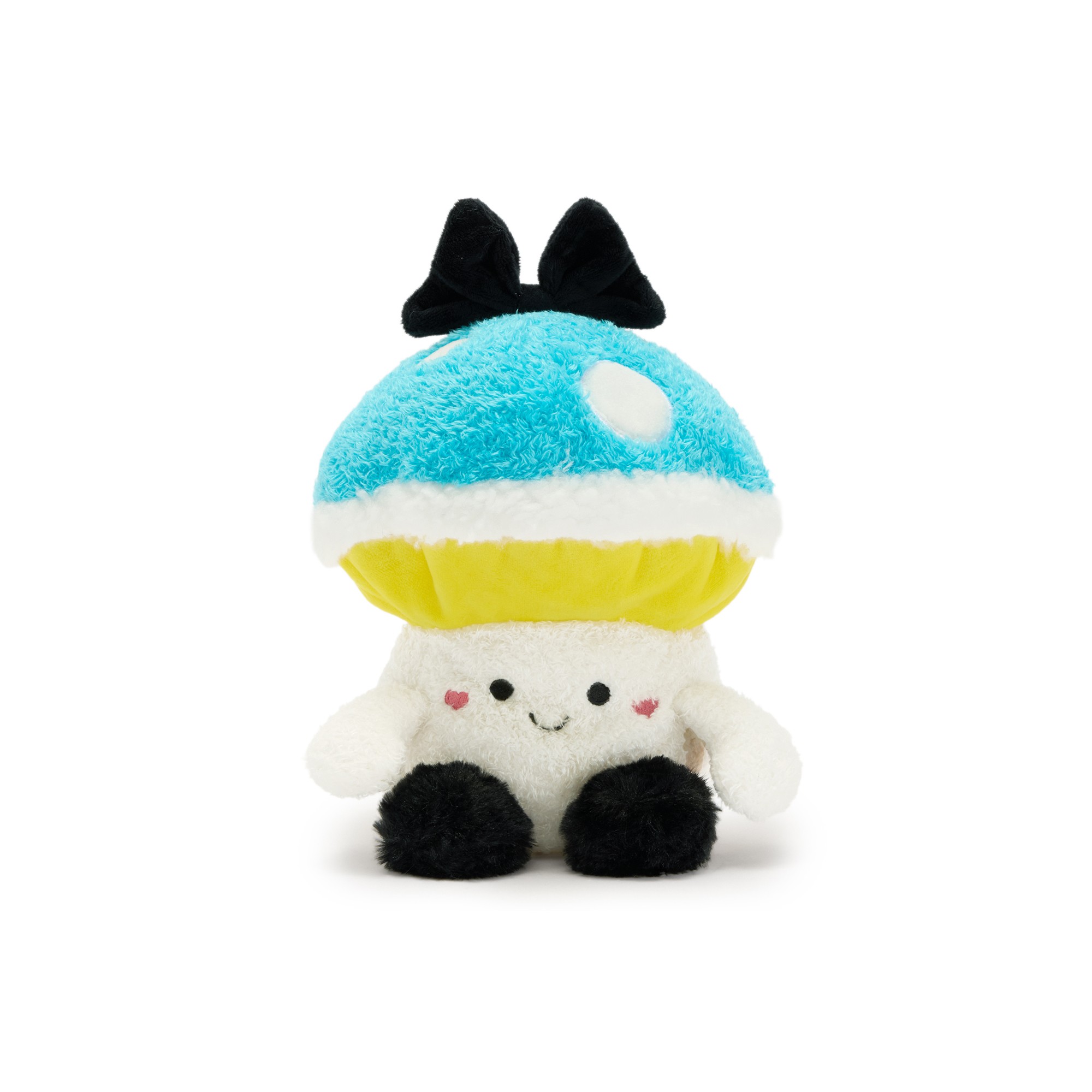 Alice in Wonderland mushroom Bum Bumz plush with a blue-and-white cap and black bow
