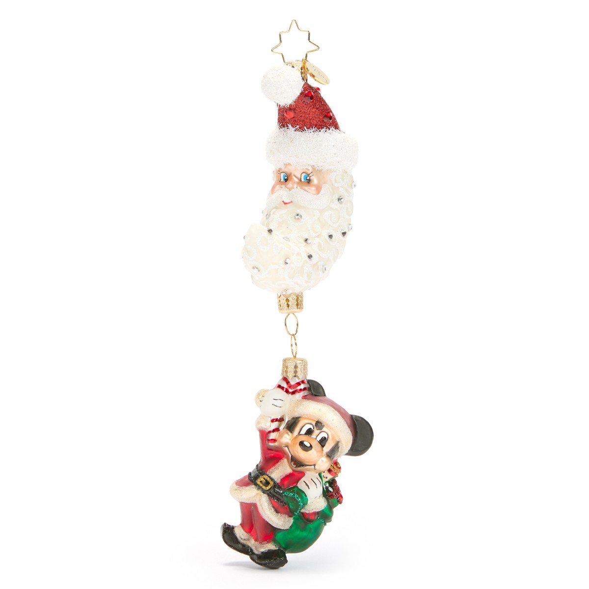 Christopher Radko glass Santa moon ornament with Santa Mickey dangling below