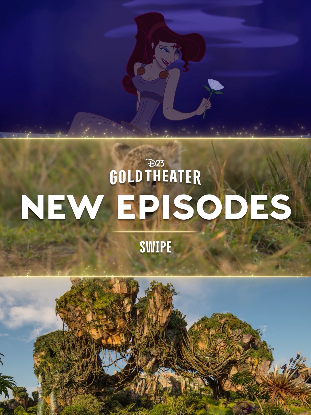 D23 Gold Theater watchlist artwork with Megara, a cheetah and Pandora’s floating mountains
