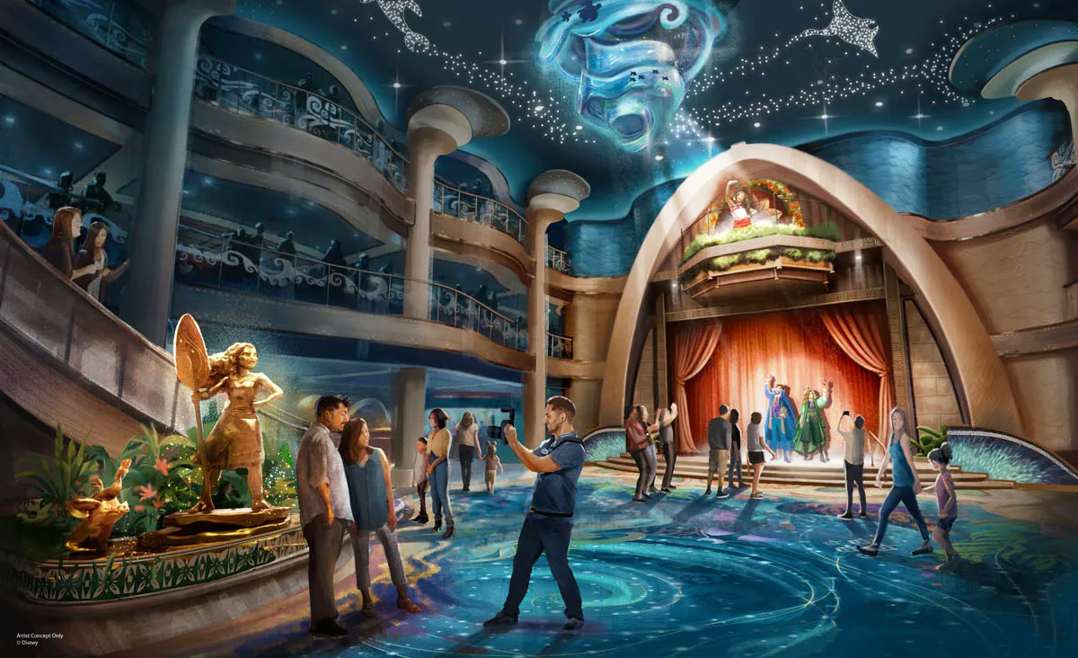 Artist concept of the Moana-inspired Grand Hall aboard Disney Believe