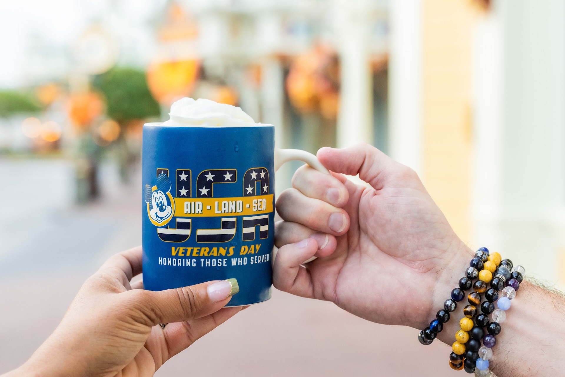 Hands hold the blue 2026 Disney Veterans Day mug