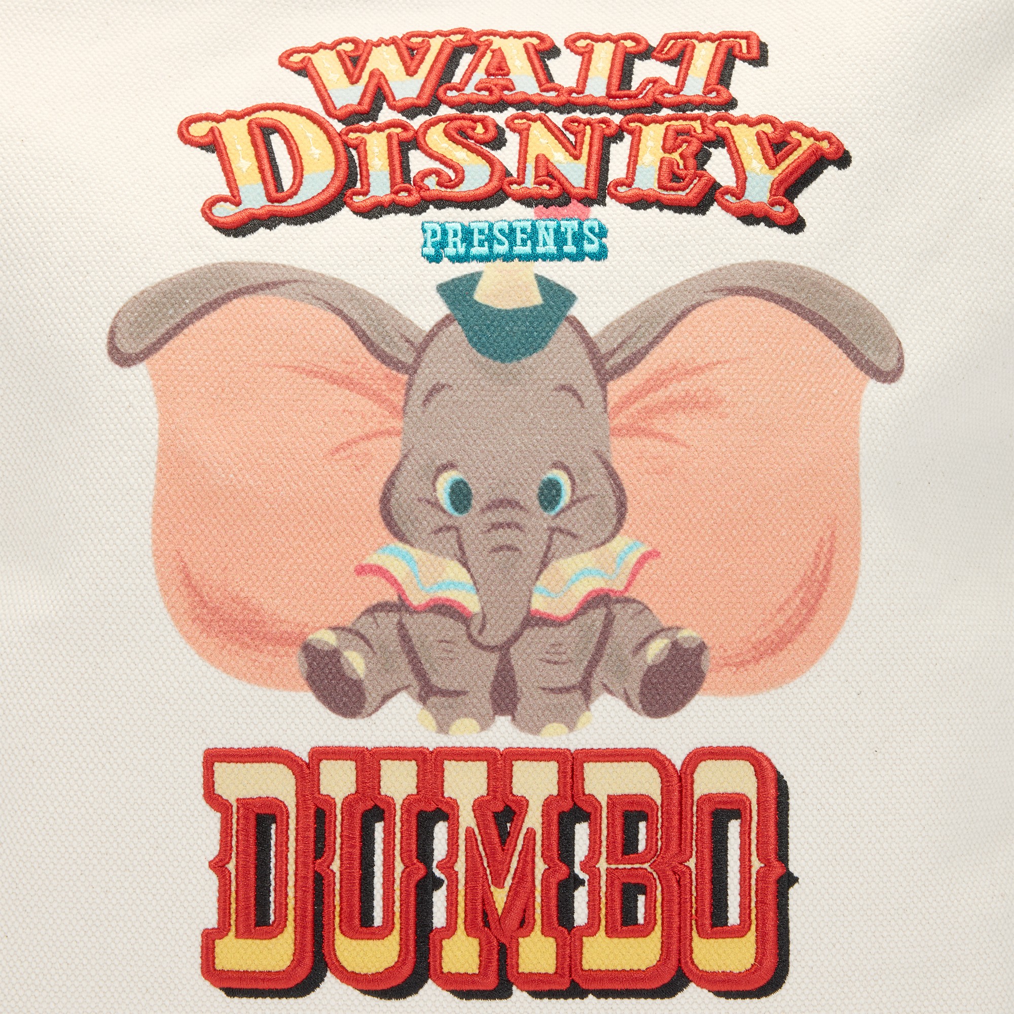 Close view of the vintage Dumbo artwork embroidered on the canvas tote