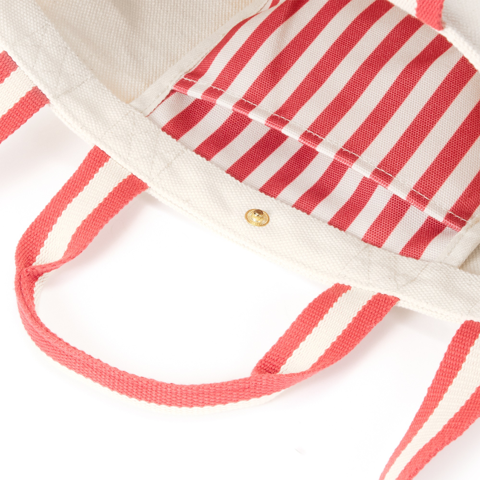 Striped interior pocket and snap closure inside the Dumbo canvas tote