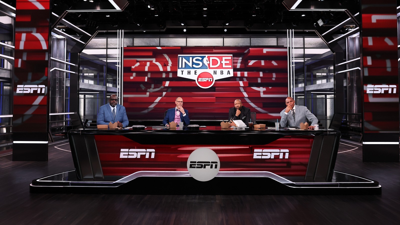 Ernie Johnson, Charles Barkley, Kenny Smith and Shaquille O’Neal on the Inside the NBA studio set