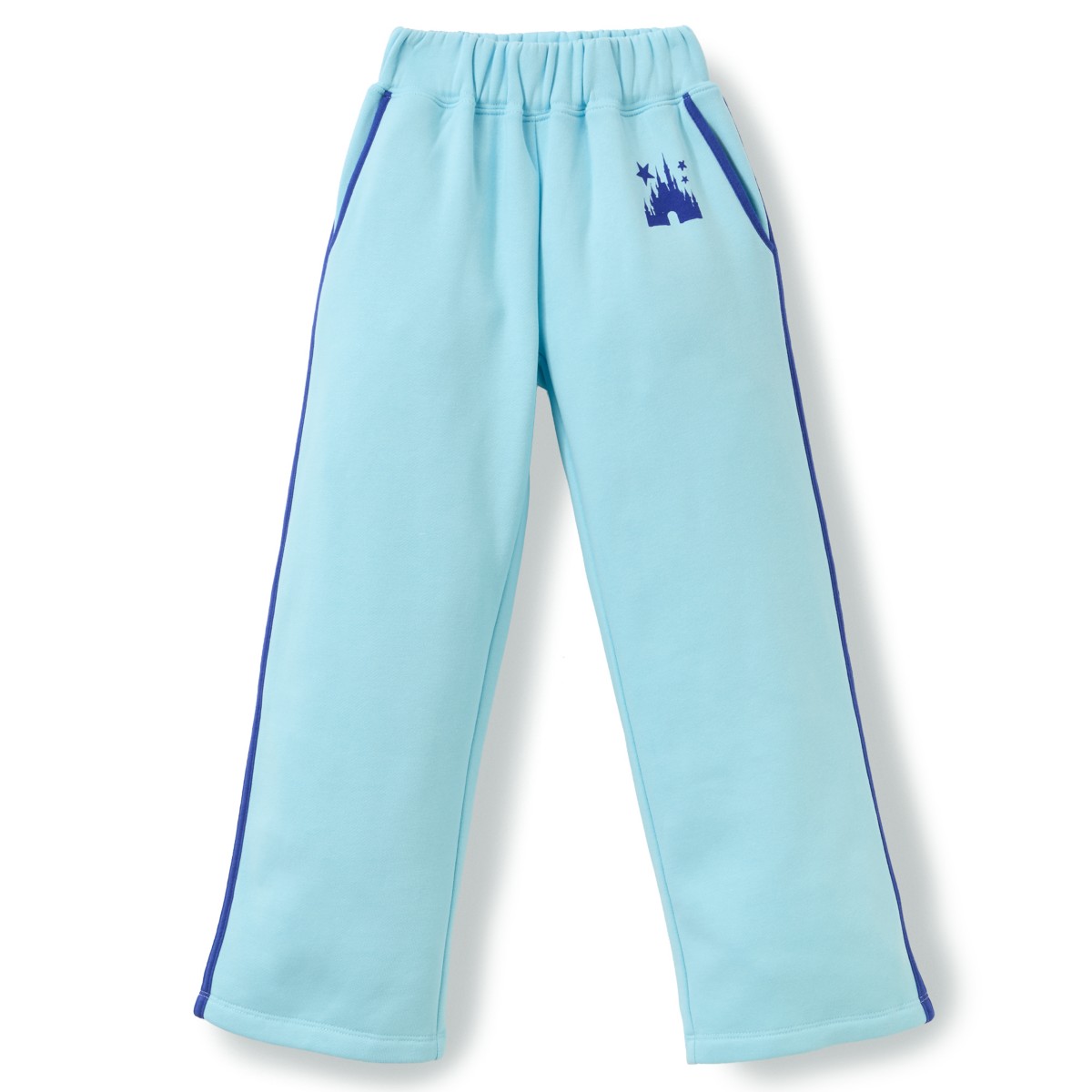 Light blue Fantasyland Castle wide-leg pants with dark blue side stripes