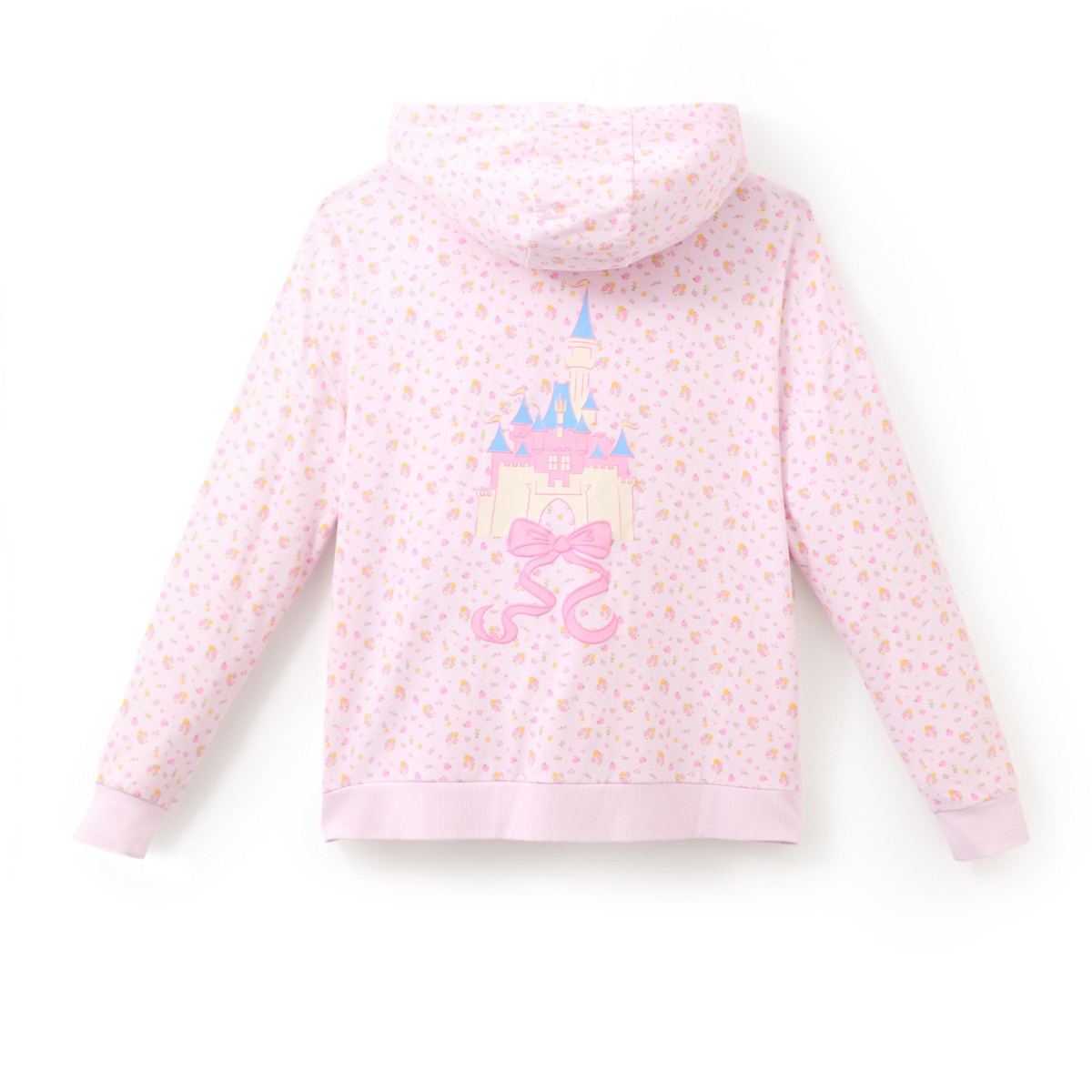 Pink floral Fantasyland Castle zip hoodie shown from the back