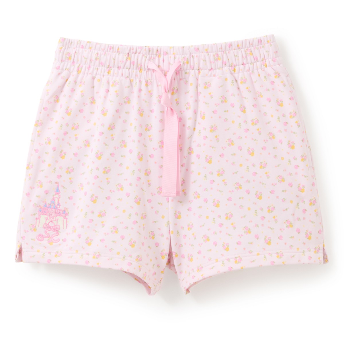 Pink floral Fantasyland Castle lounge shorts with drawstring waist