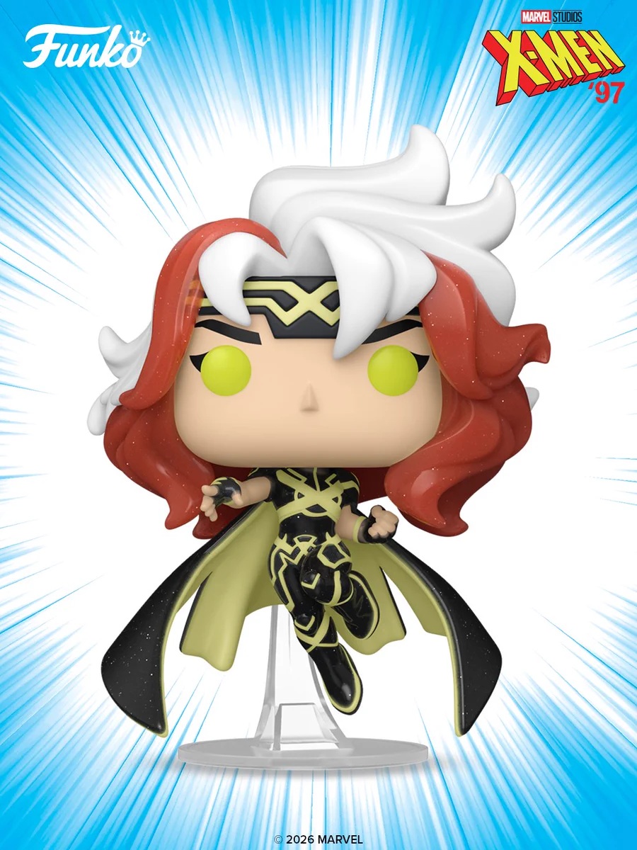 Red-and-white-haired X-Men ’97 Funko Pop! figure in a black and yellow suit