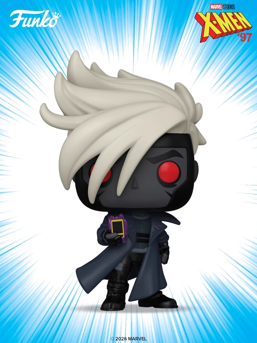White-haired X-Men ’97 Funko Pop! figure with red eyes, dark coat and glowing card