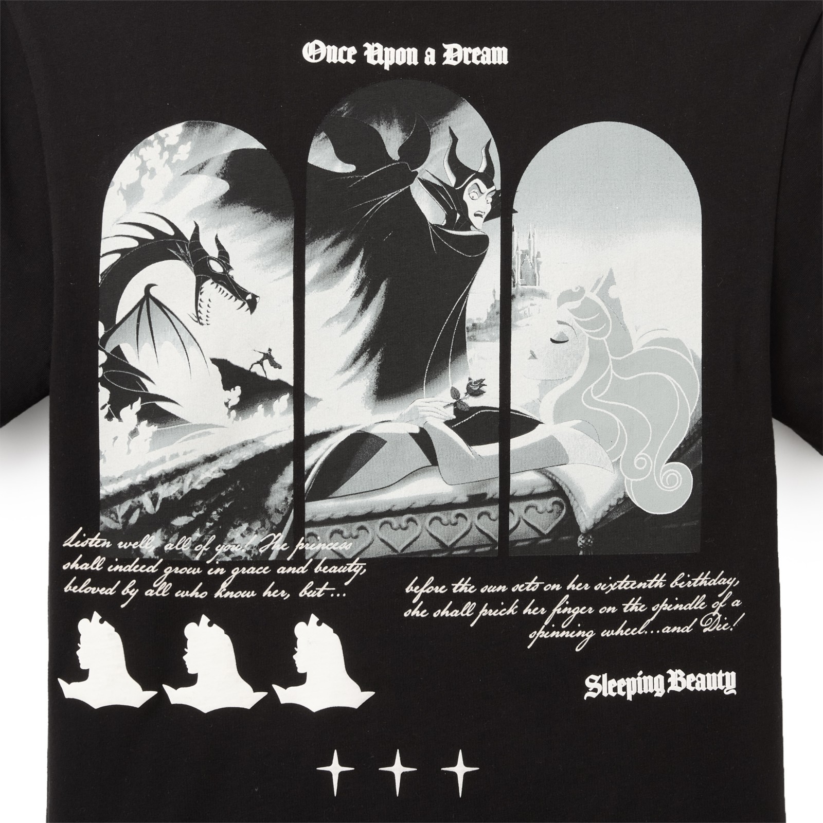 Close view of the Sleeping Beauty character artwork on the back of the Maleficent T-shirt
