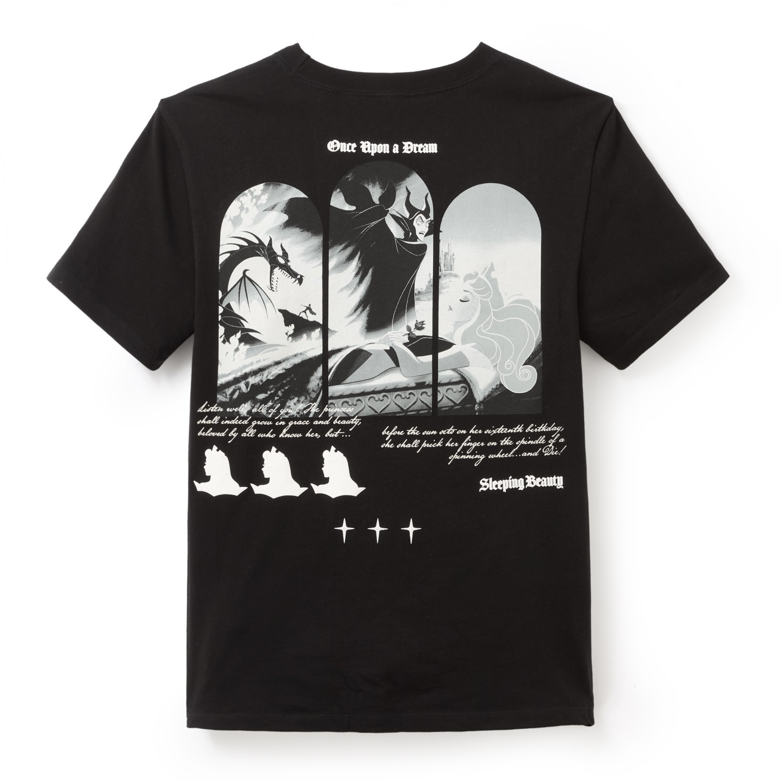 Back of the black Maleficent Mistress of Evil T-shirt with Sleeping Beauty character artwork