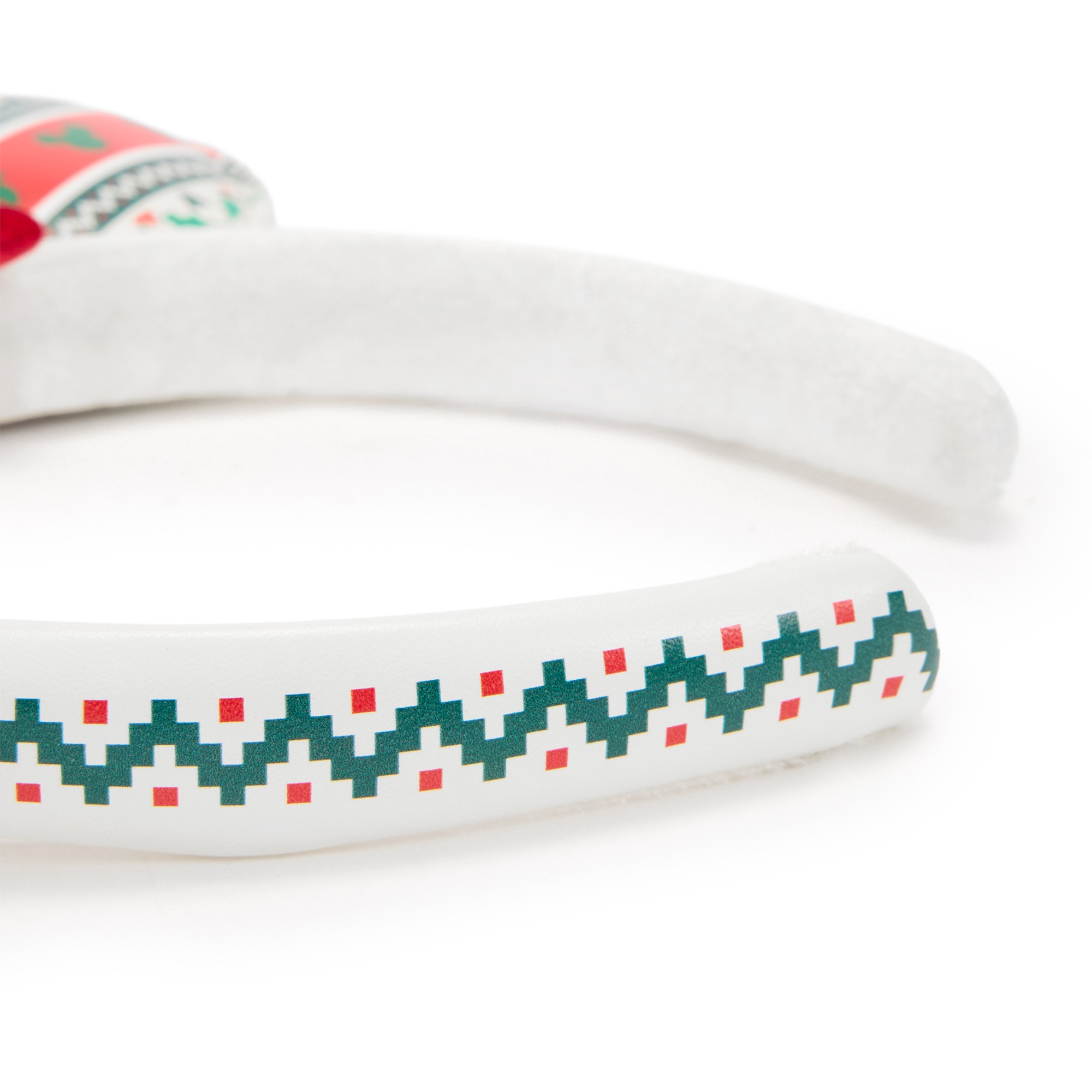 Close view of the red and green Fair Isle pattern on the headband