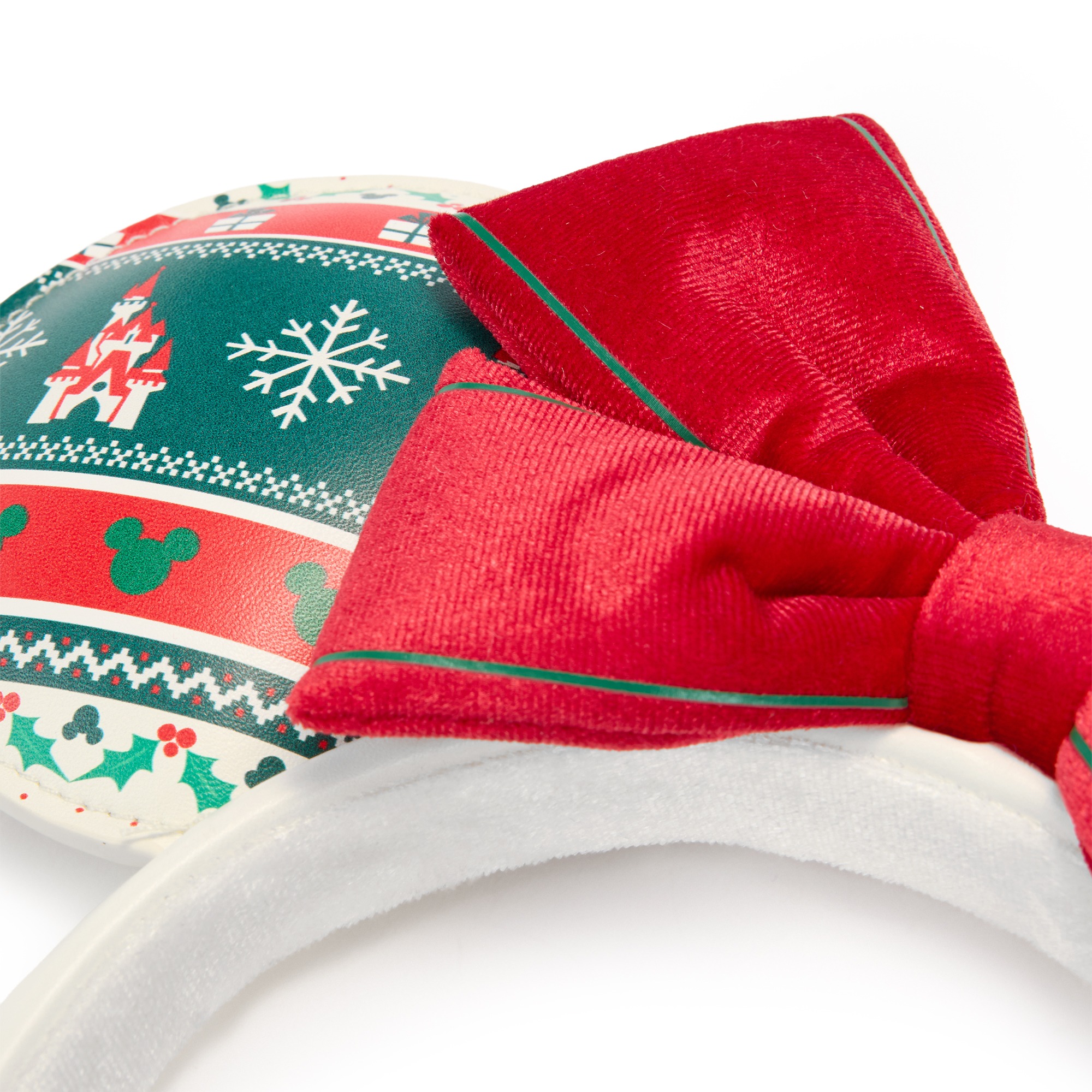 Close view of the red velvet bow with green stripes