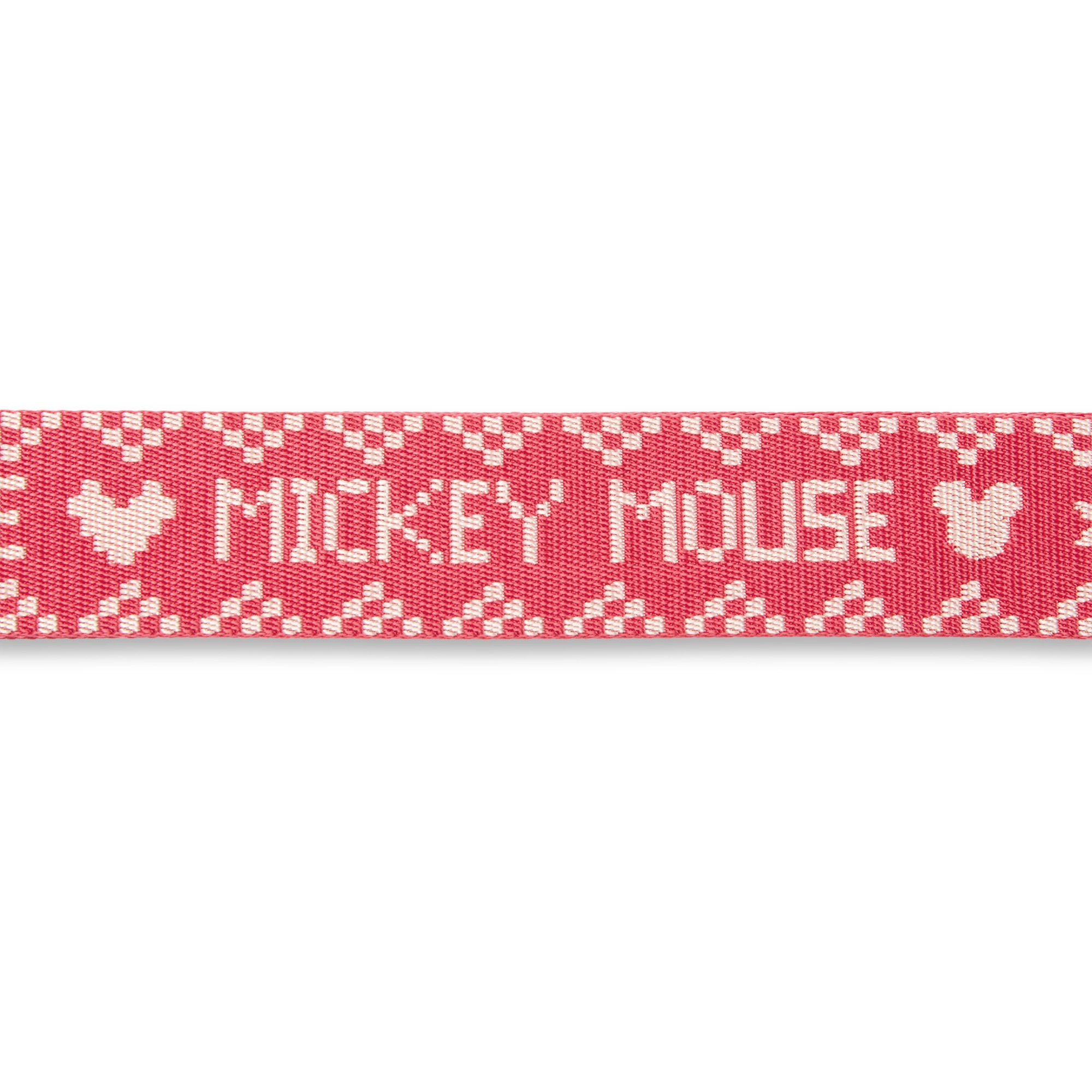 Close view of the woven Mickey Mouse lettering on the strap