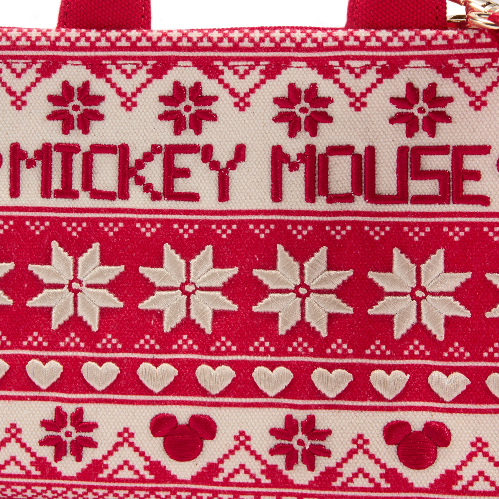 Close view of the tote’s Mickey Mouse Fair Isle embroidery
