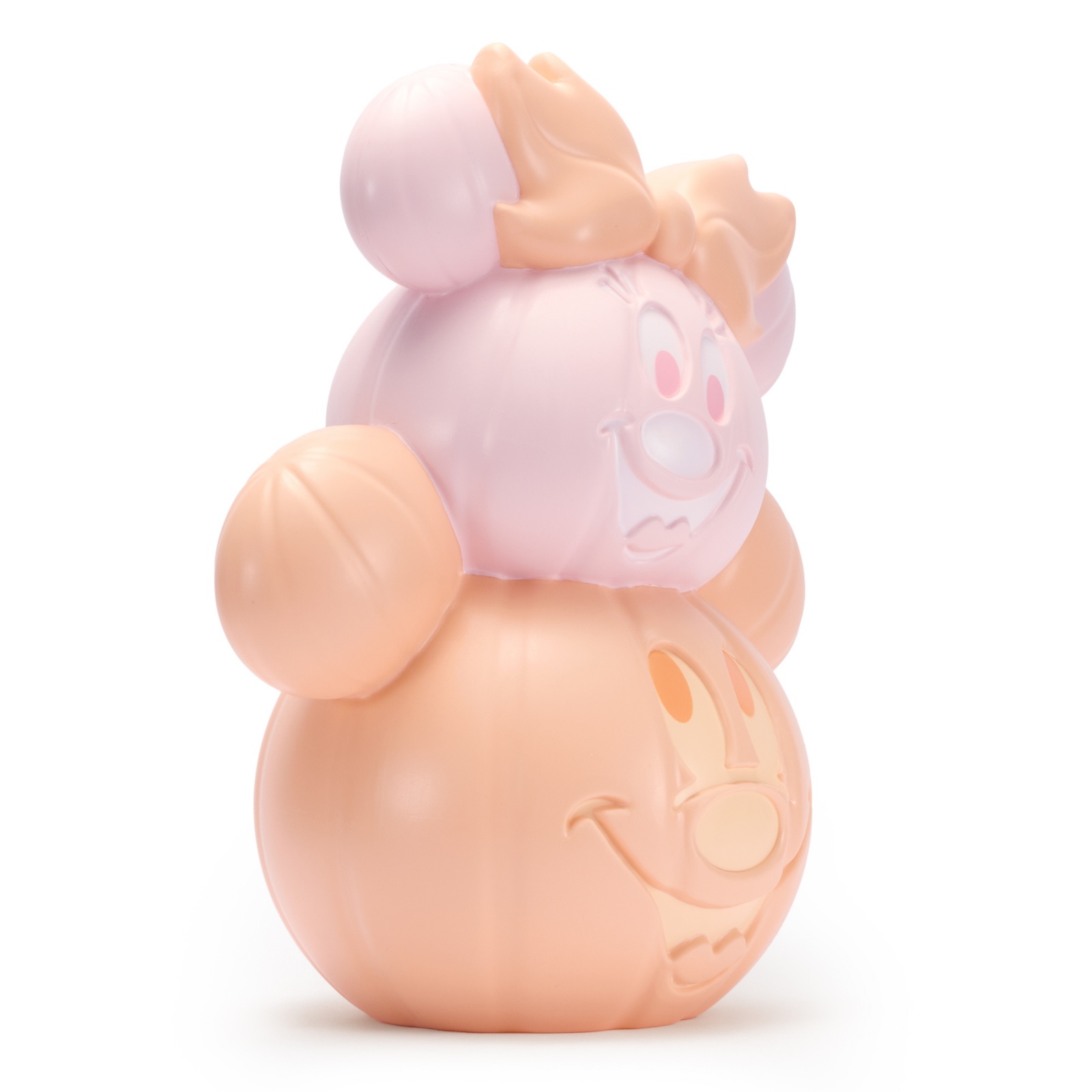 Side view of the pastel Mickey and Minnie pumpkin decoration