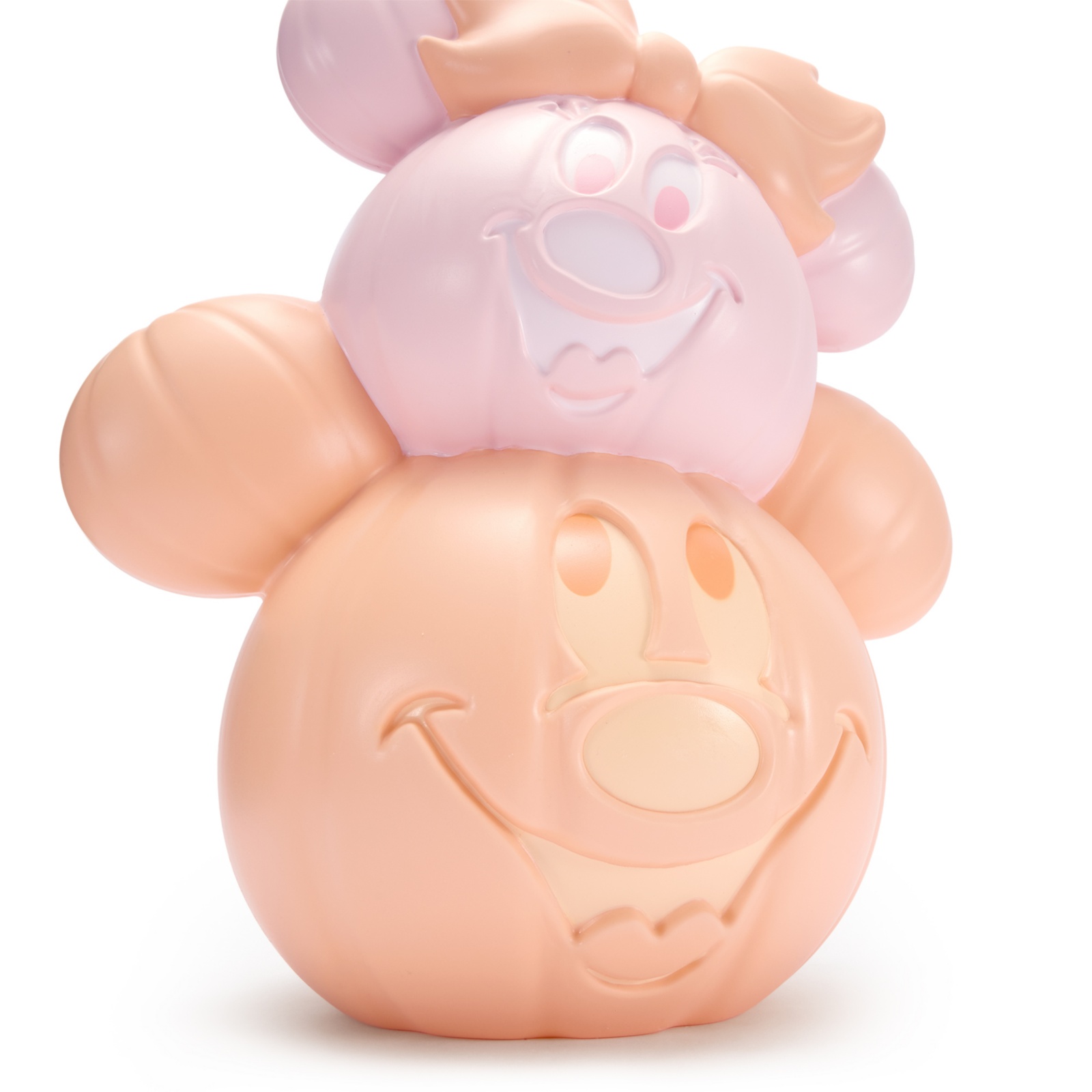 Front view of the pastel Mickey and Minnie pumpkin decoration