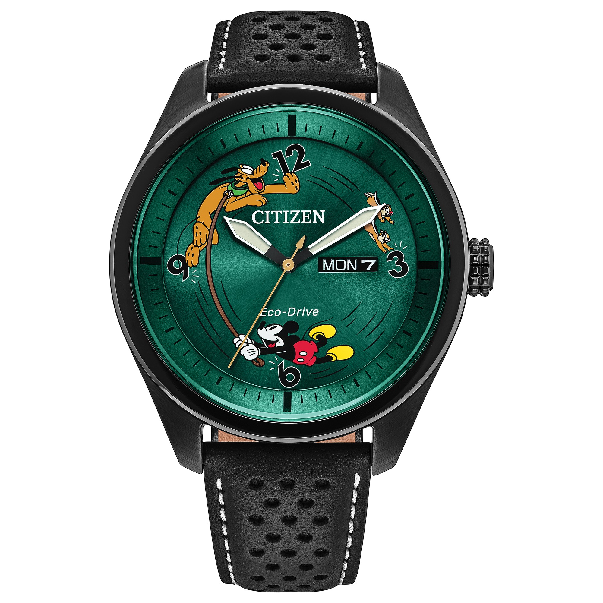 Front view of the Citizen Eco-Drive watch with Mickey, Pluto and Chip 'n Dale