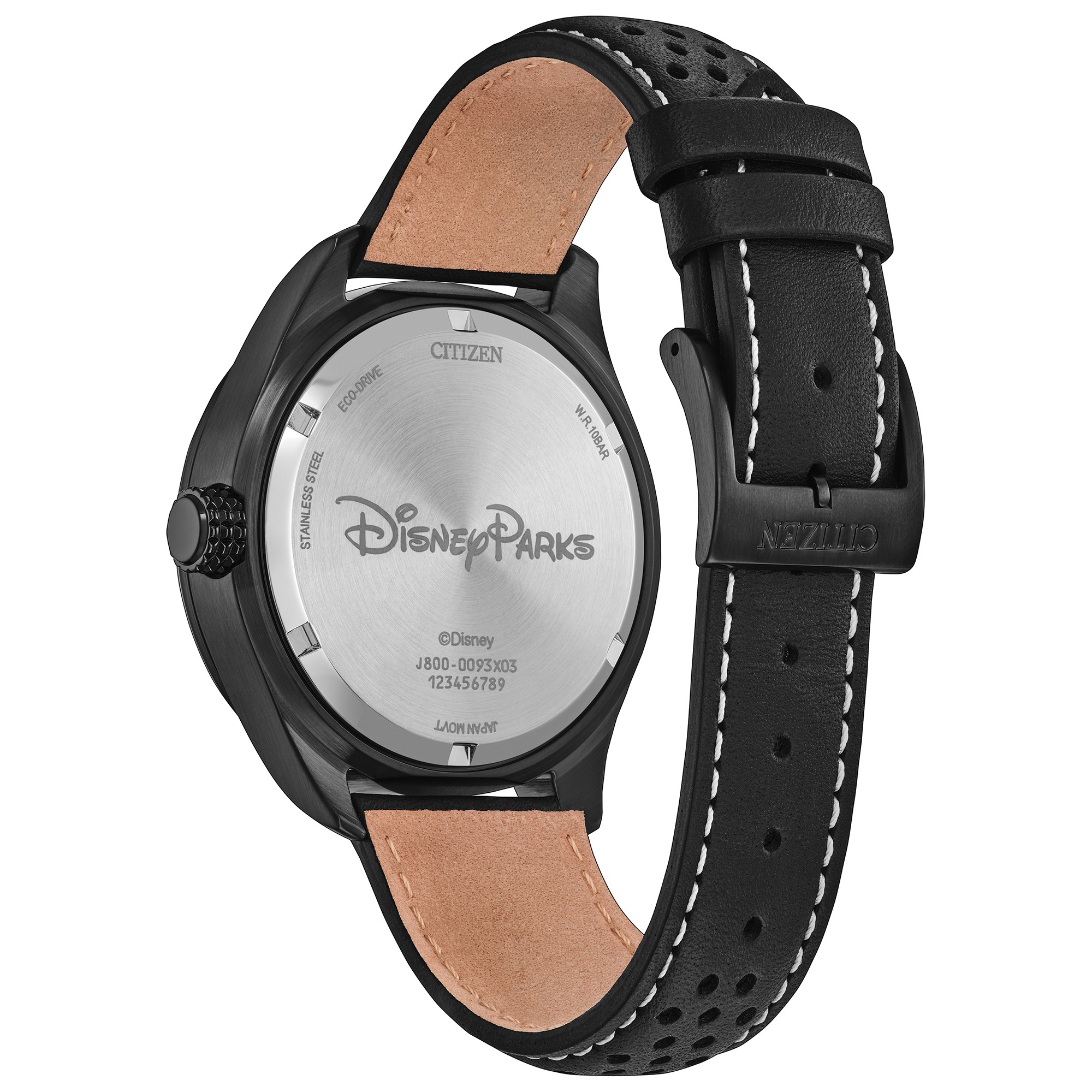 Back view of the black Citizen watch and perforated leather strap