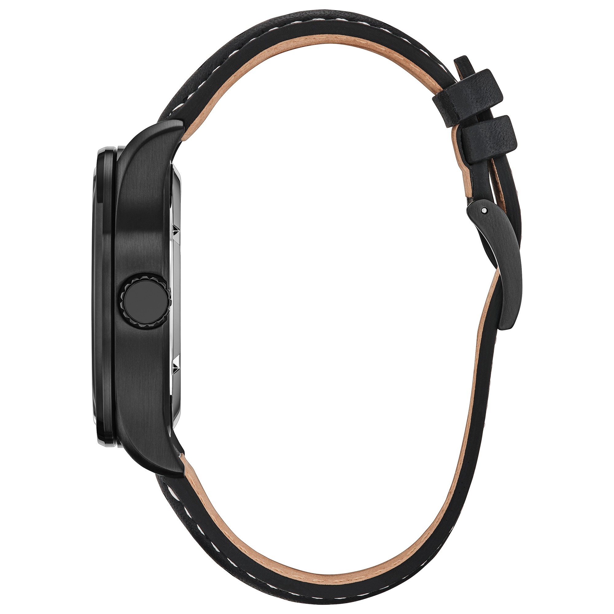 Side view of the Citizen watch showing the black case and leather strap