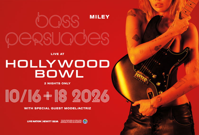Miley Cyrus holds a guitar in the official Hollywood Bowl event artwork