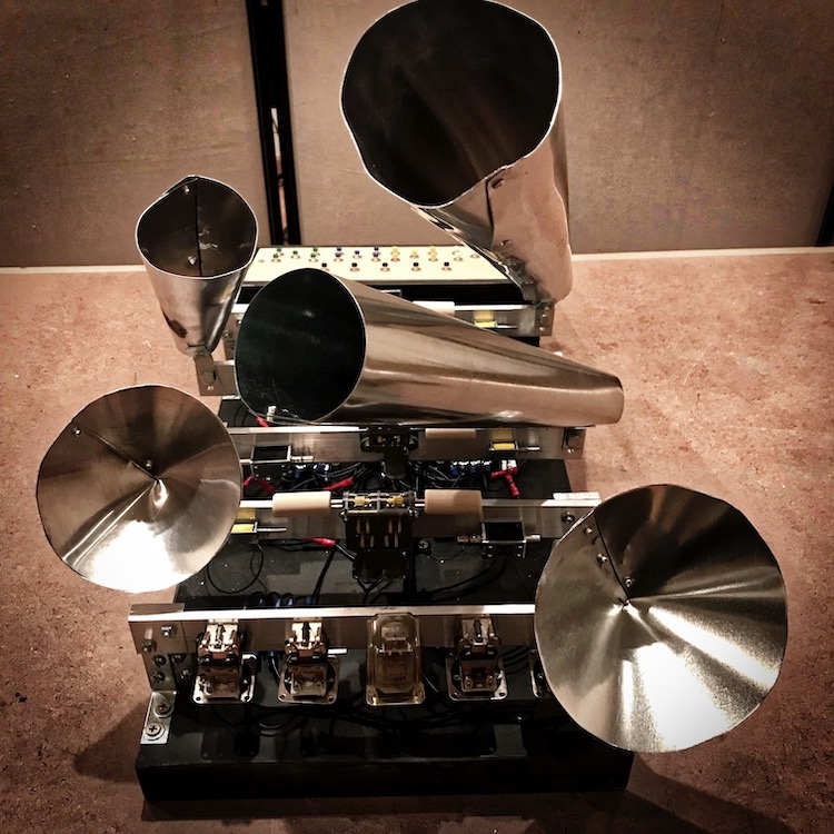 A custom Sound Sculpture mechanical soundmaking device with metal horns