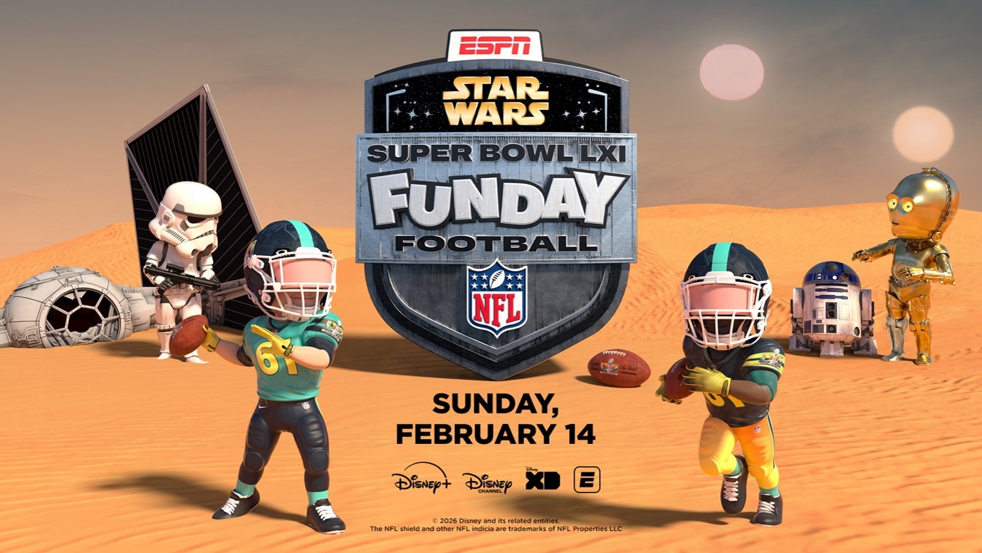 Star Wars Funday Football graphic with animated players, C-3PO, R2-D2 and a stormtrooper on a desert field