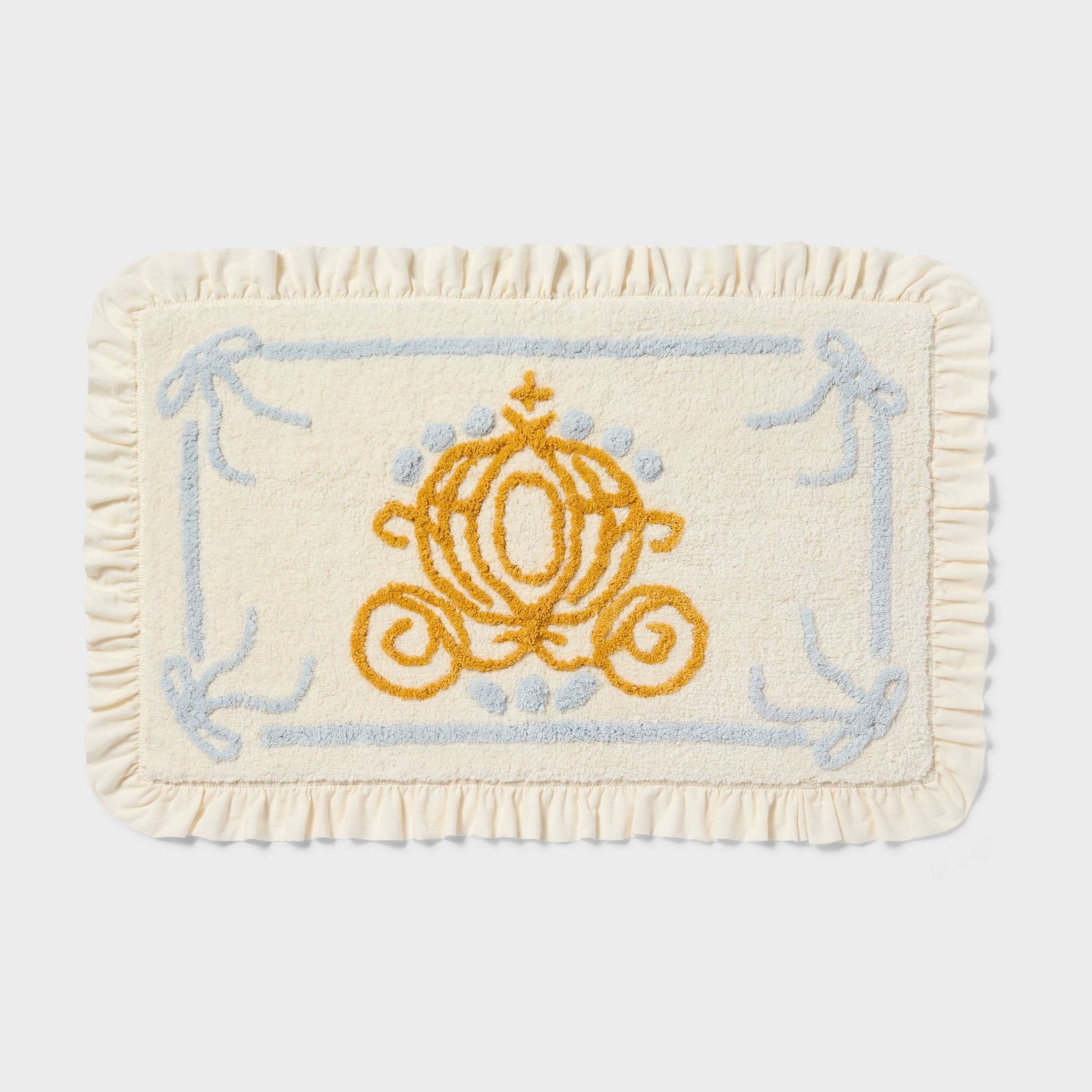 Off-white Cinderella carriage bath rug with blue bows and ruffled edges