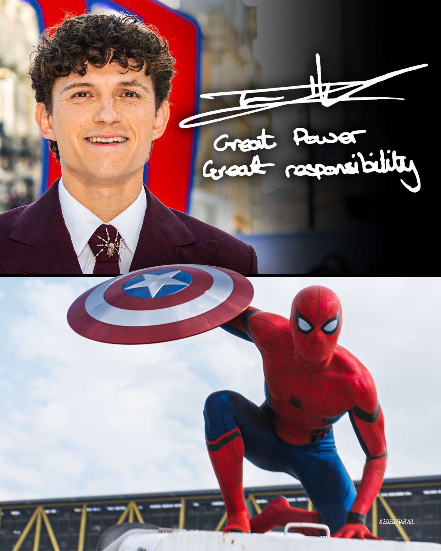 Tom Holland beside his signature and Spider-Man in Marvel’s official Topps card reveal