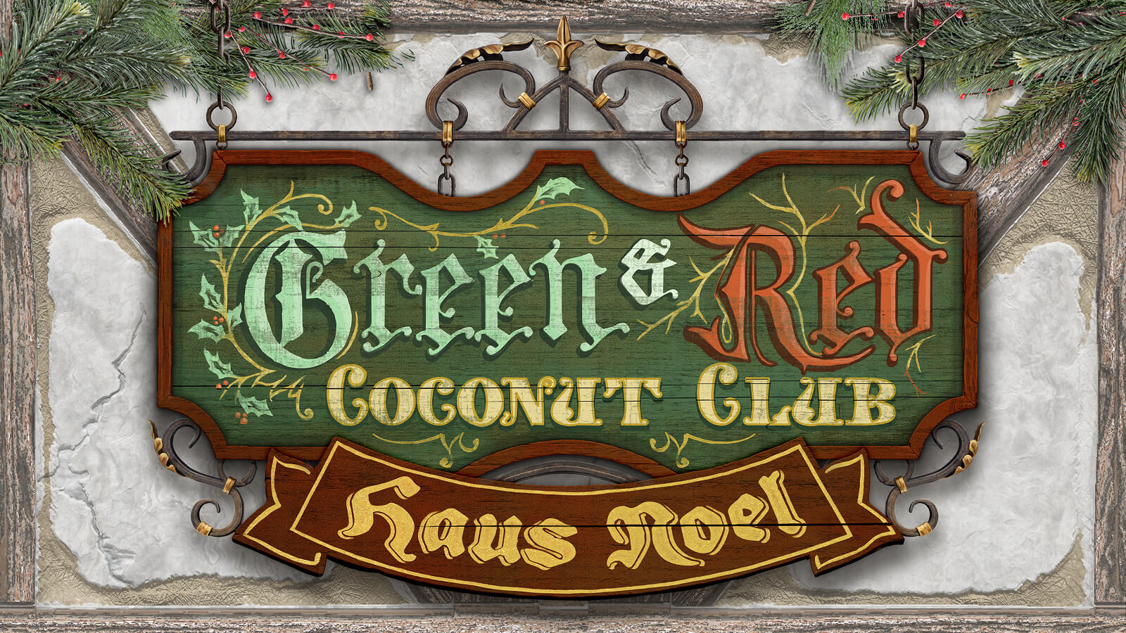 Green and Red Coconut Club Haus Noel sign framed by evergreen branches