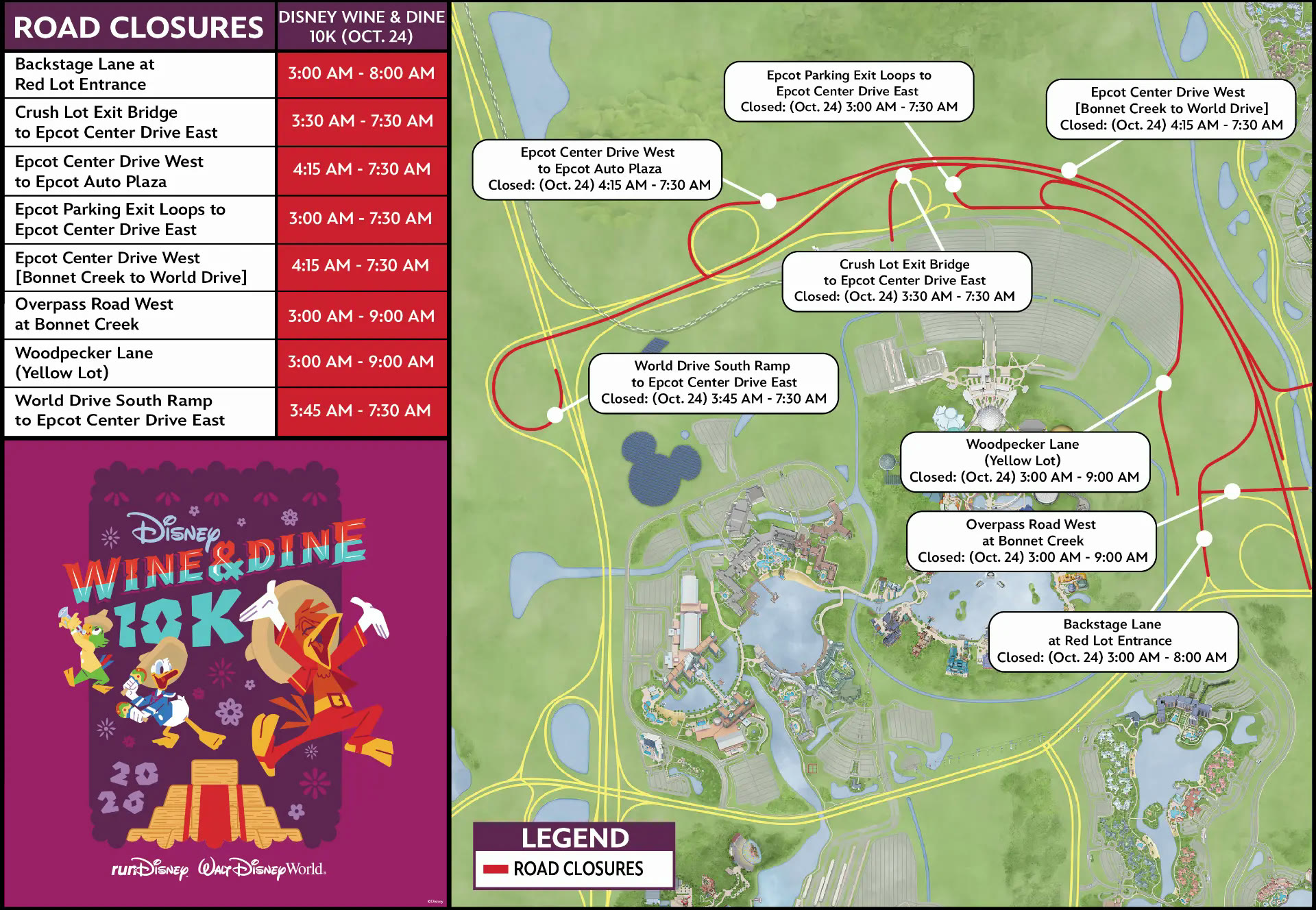 Official Disney Wine and Dine 10K road closure map for October 24, 2026