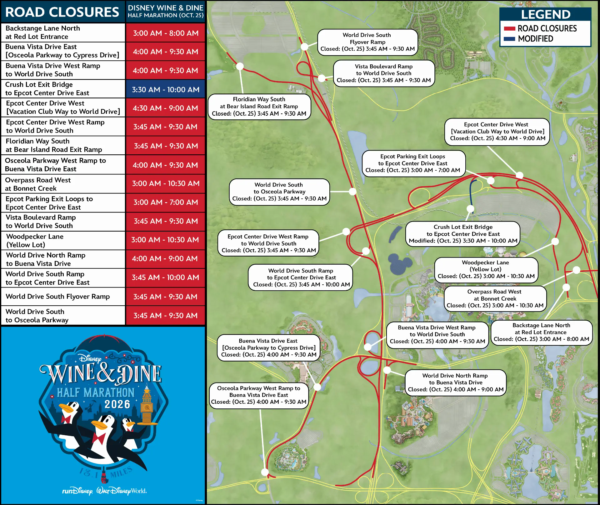 Official Disney Wine and Dine Half Marathon road closure map for October 25, 2026