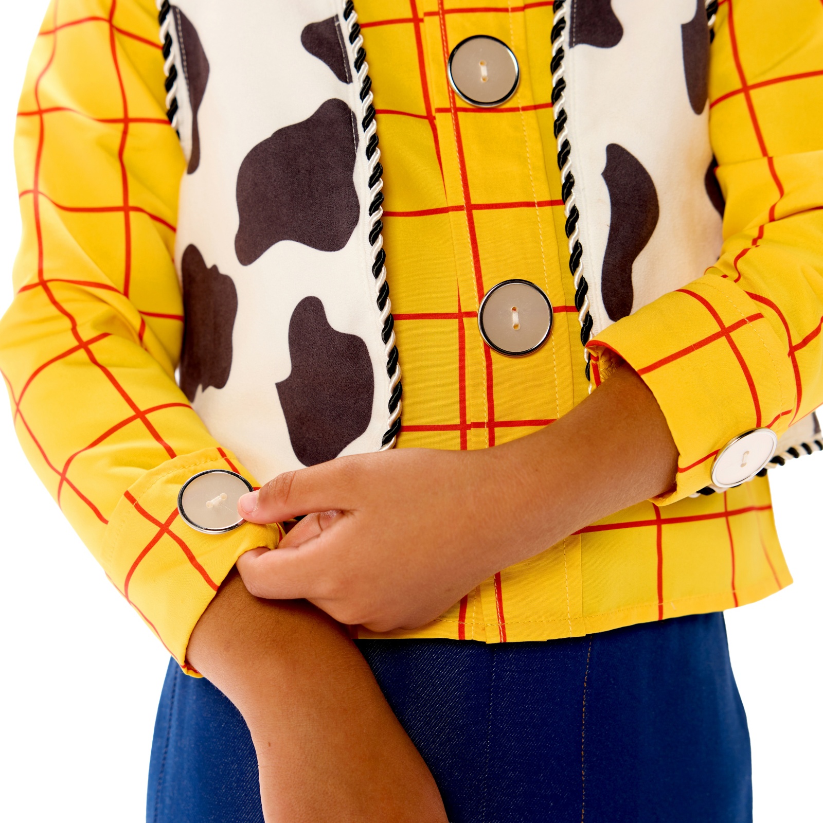 Close-up of the Woody costume shirt cuff and decorative buttons
