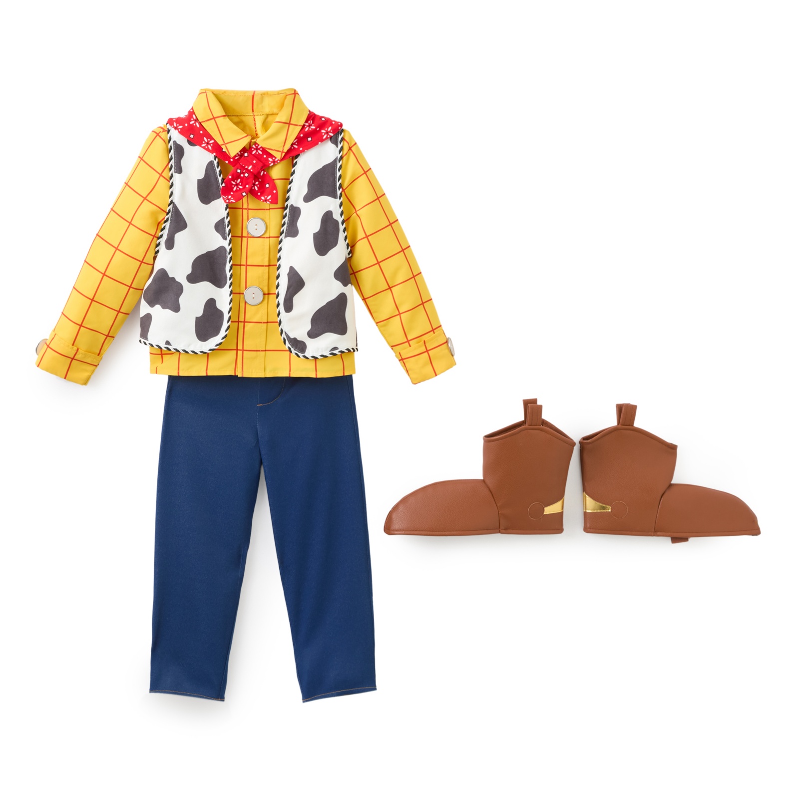 Woody costume shirt, vest, pants and boot covers laid flat