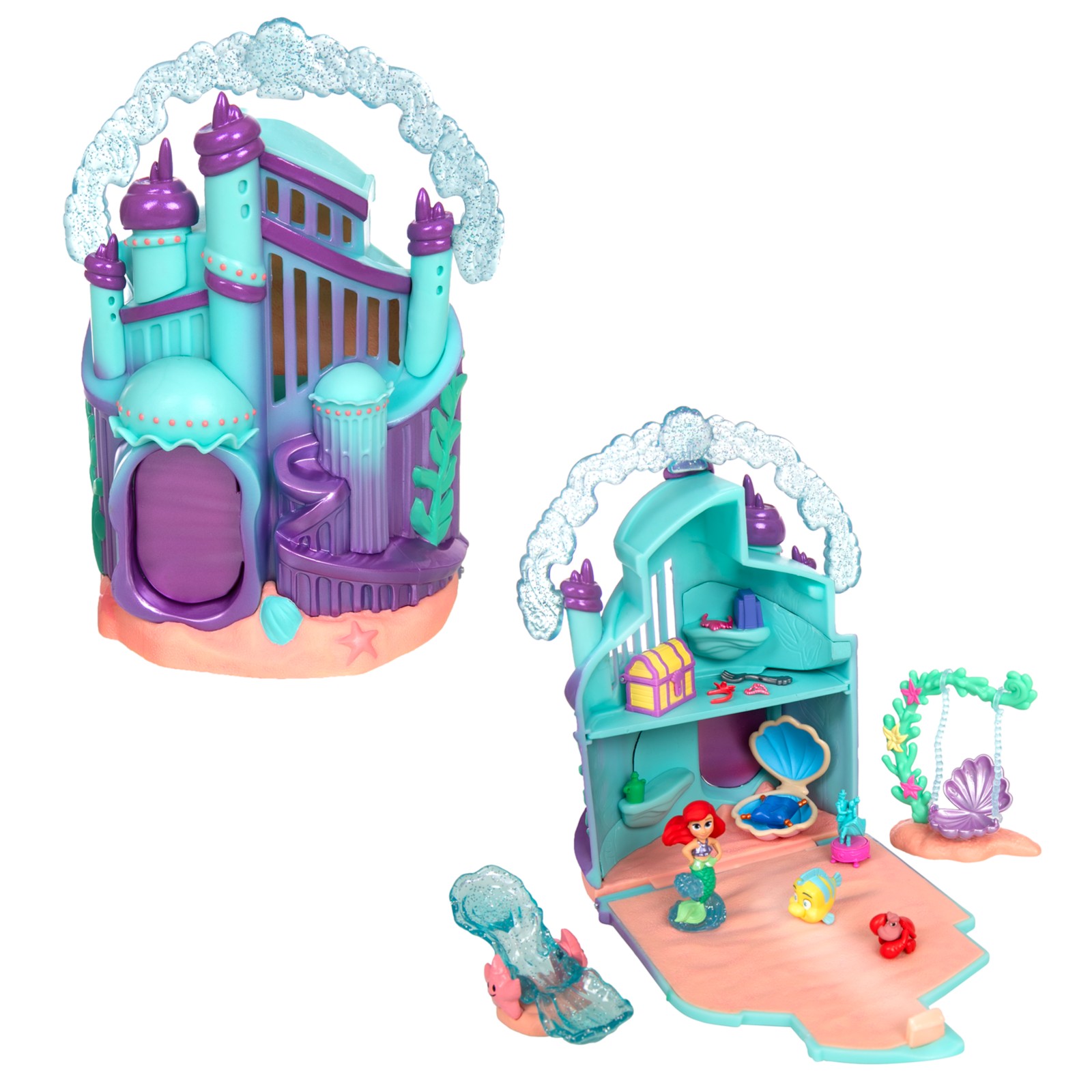 Ariel Palace Micro Play Set shown open and closed with its figures and accessories