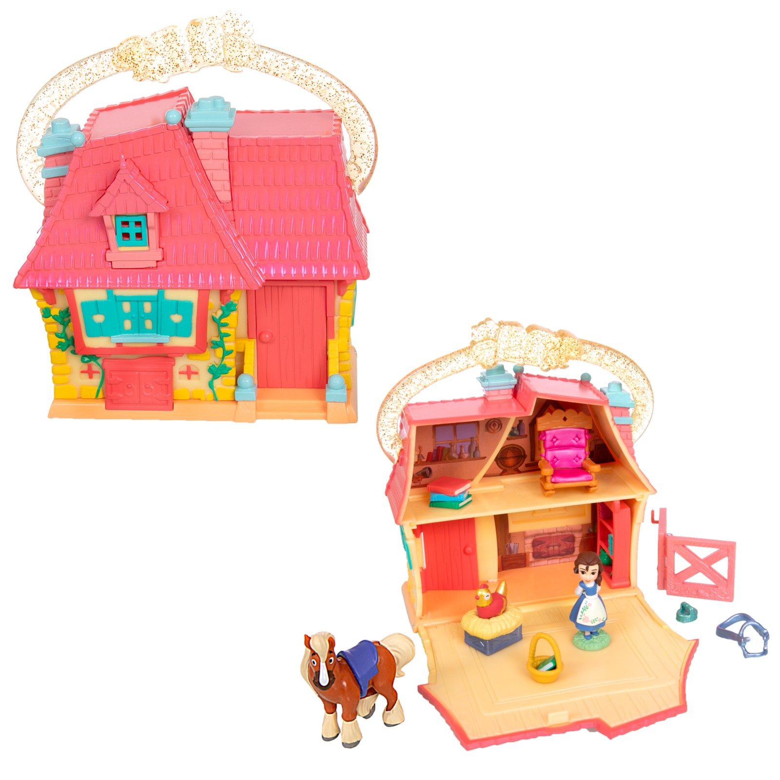 Belle Cottage Micro Play Set shown open and closed with Belle, Philippe and accessories