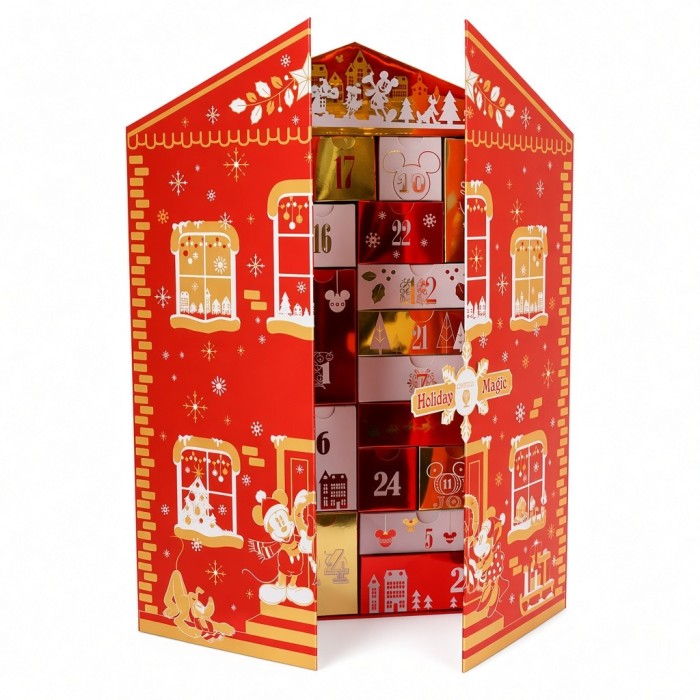 Open red and gold Disney Holiday Magic Advent Calendar with numbered drawers