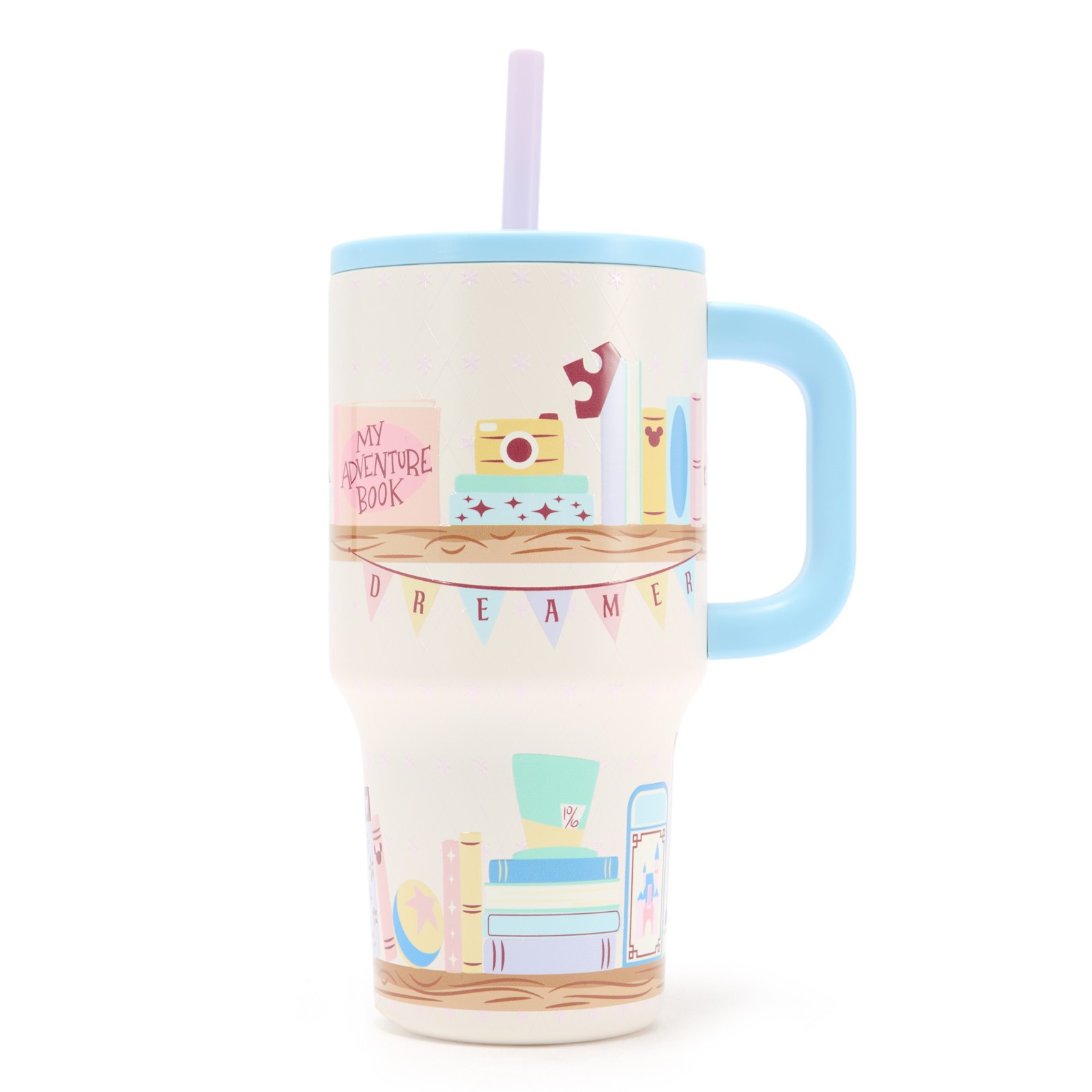 Disney Memorabilia Bookshelf 20-ounce tumbler with pale-blue handle and straw