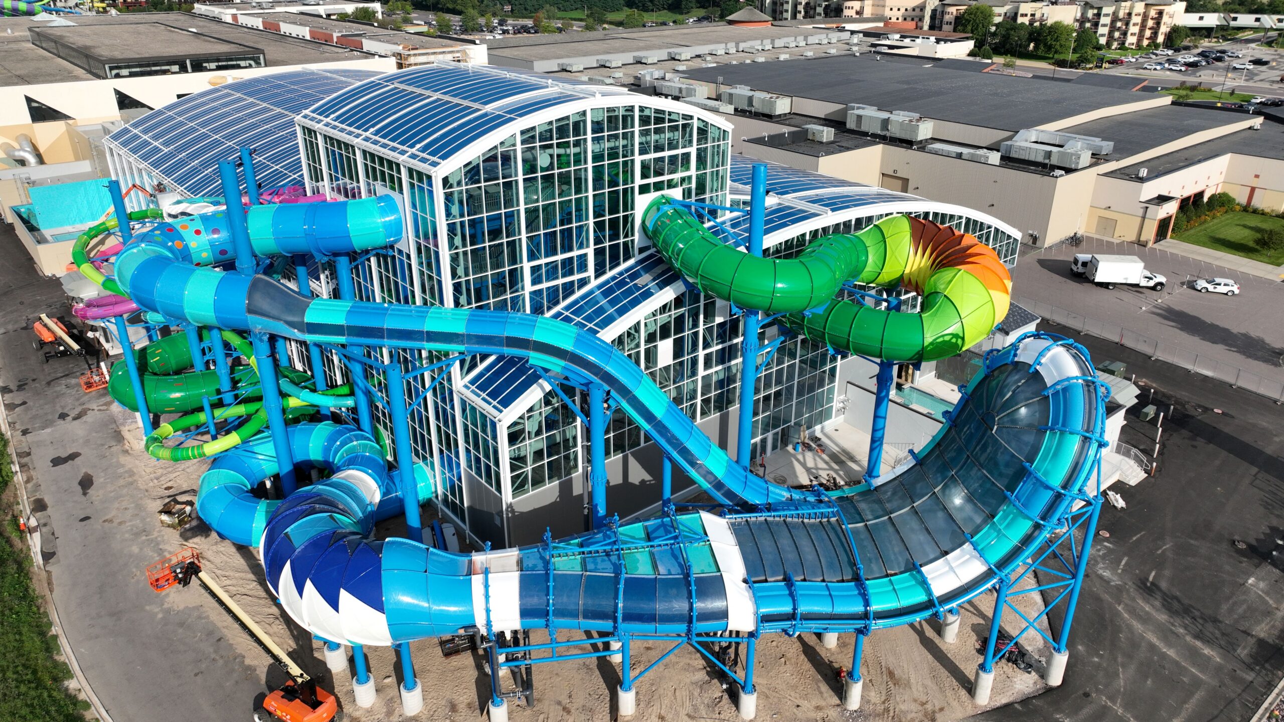 Aerial view of the enclosed Zambezi Rapids wall ride outside Kalahari Wisconsin Dells