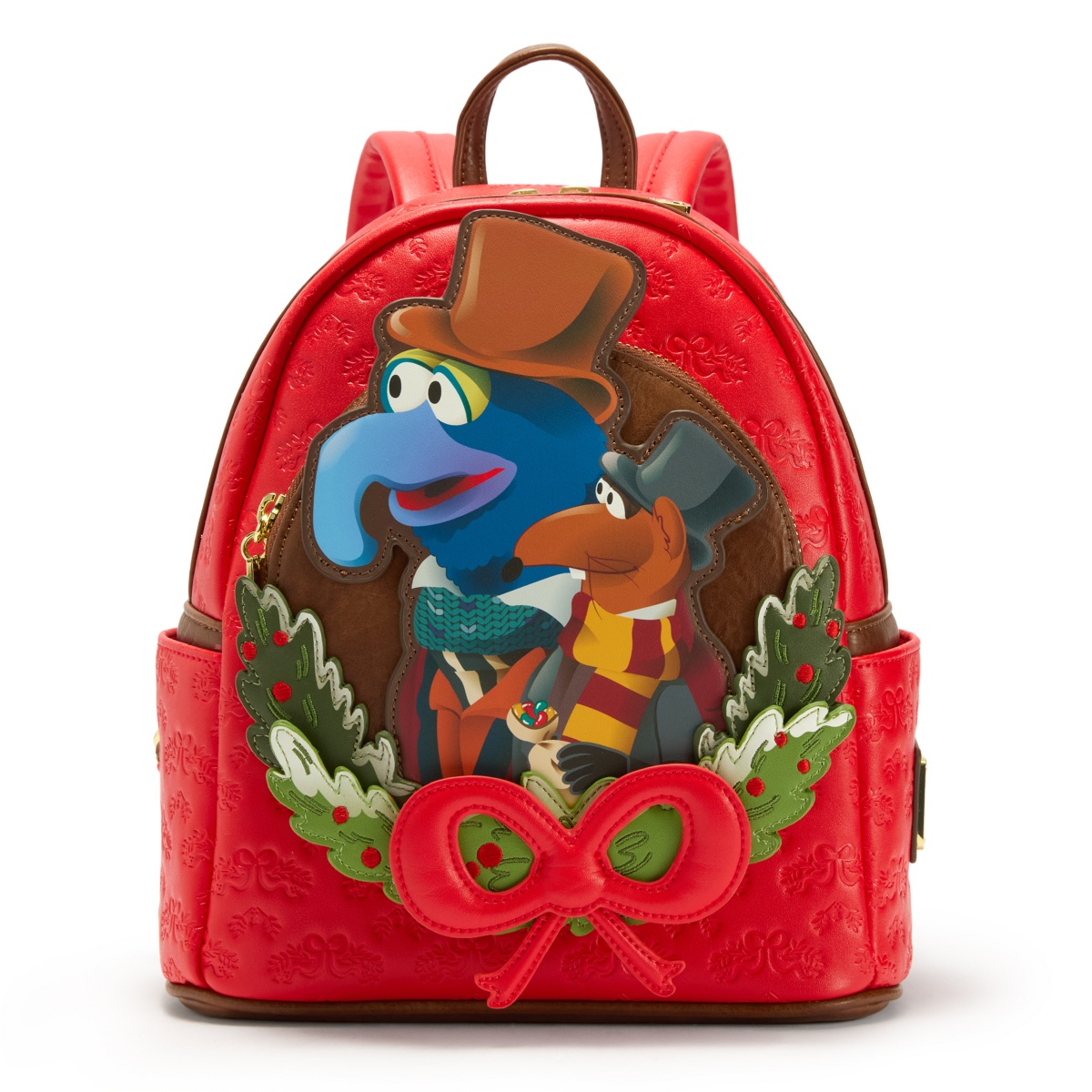 Red Muppet Christmas Carol Loungefly mini backpack with Gonzo and Rizzo