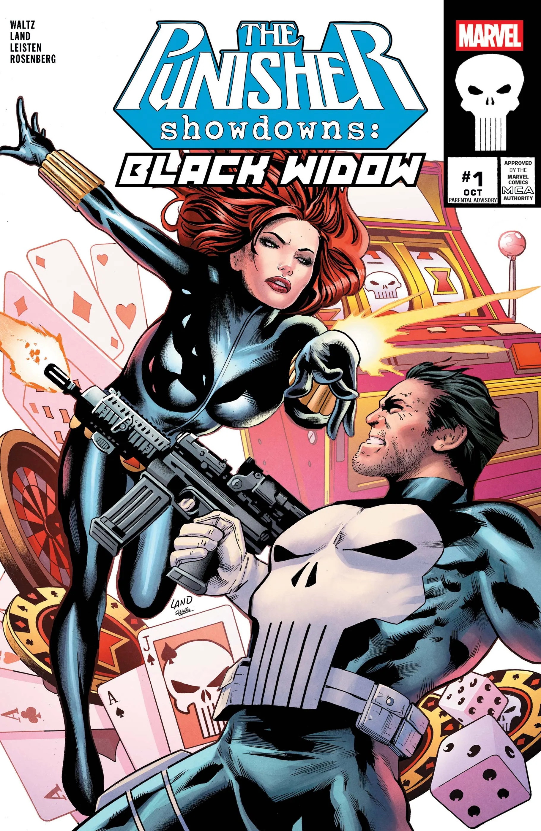 Official cover artwork for Punisher Showdowns: Black Widow #1 with Black Widow and Frank Castle in a casino