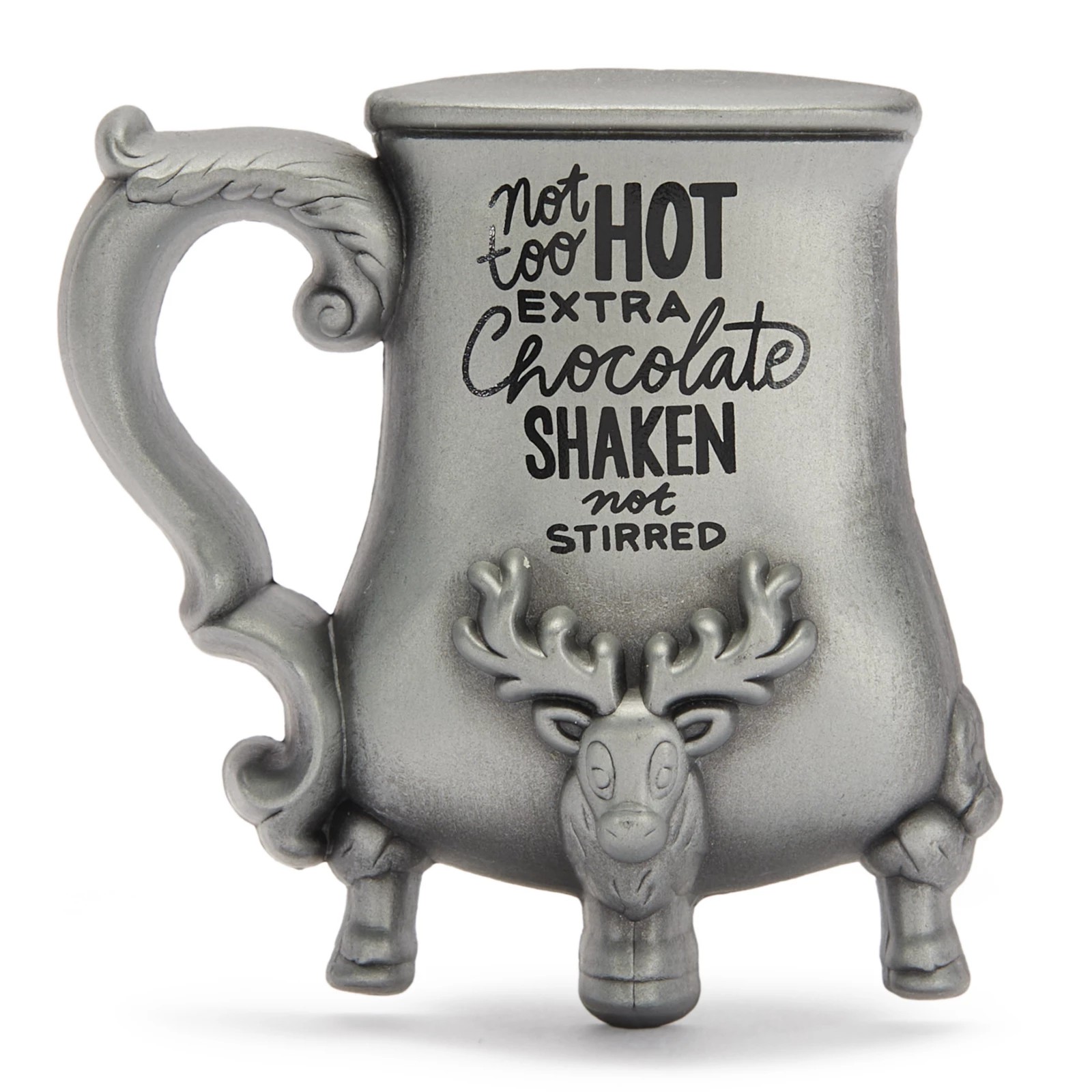 Antiqued pewter pin shaped like Judy’s reindeer cocoa mug from The Santa Clause