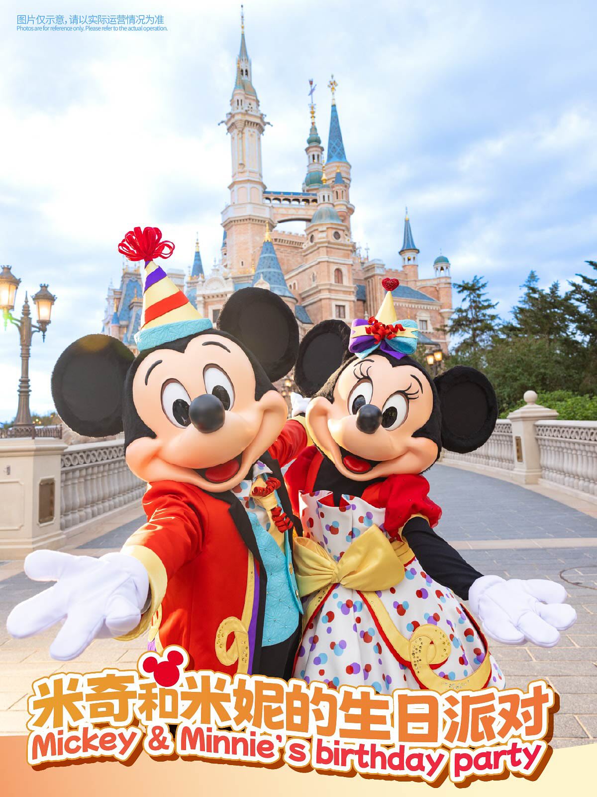 Mickey Mouse and Minnie Mouse wear birthday costumes in front of Enchanted Storybook Castle