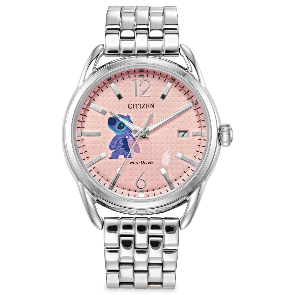 Stitch Citizen Eco-Drive watch with pink dial and stainless steel bracelet