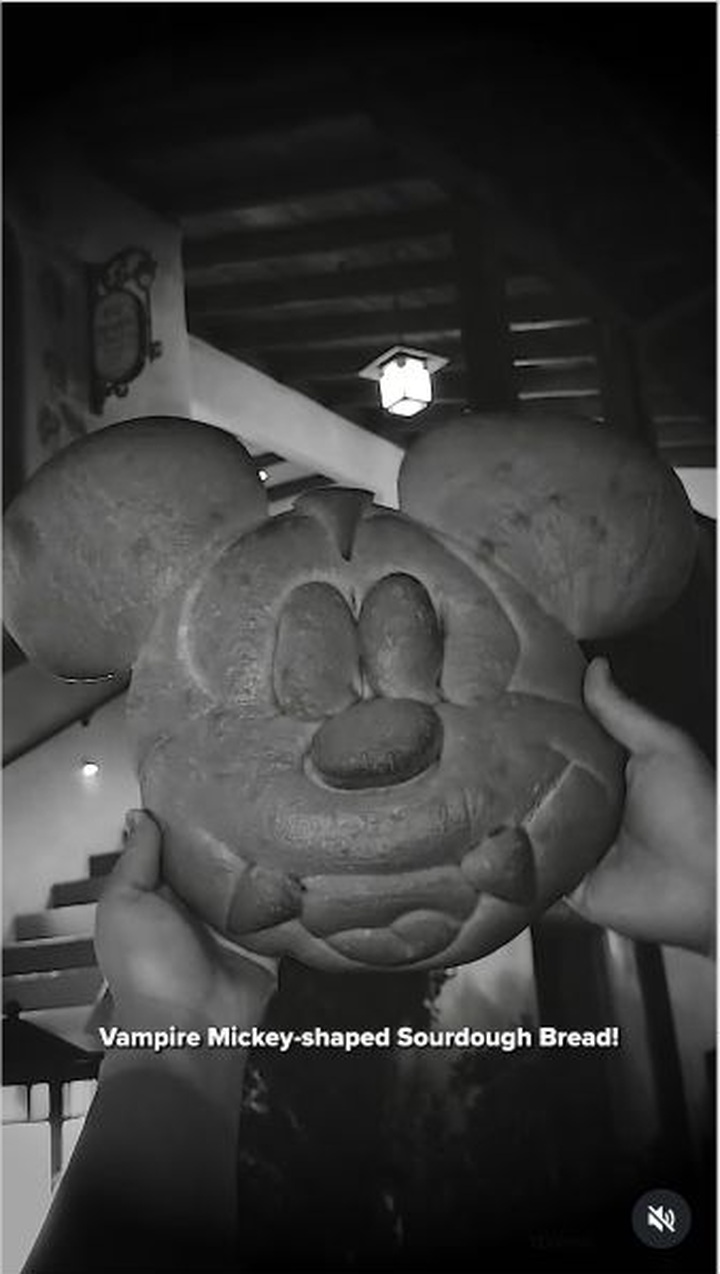 Vampire Mickey-shaped sourdough bread with round ears and two fangs
