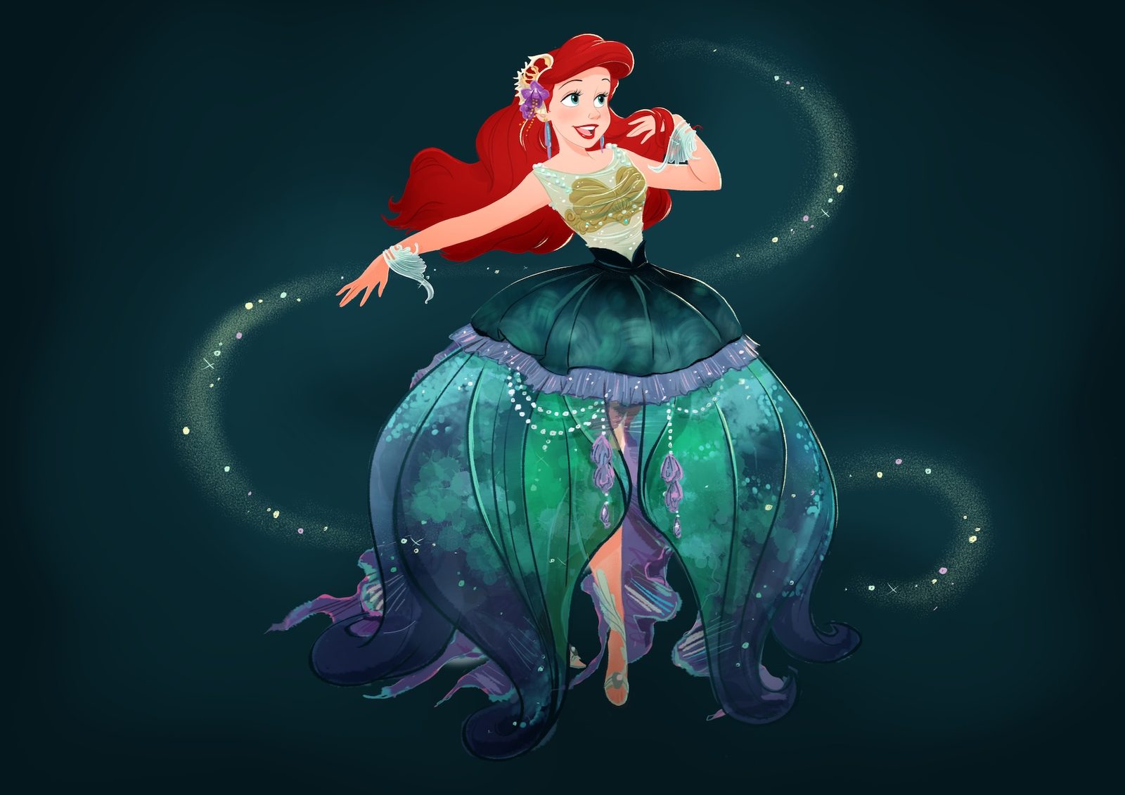 Color concept art for Ariel in a jellyfish-inspired dress